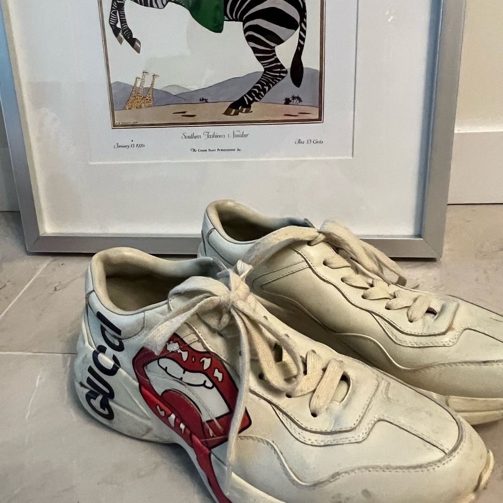 Gucci Red Flaming Lips Leather Sneakers Red Mouth Tongue shoes